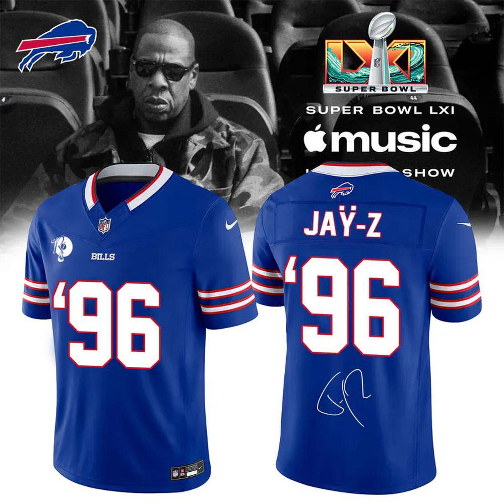 Buffalo Bills Jay Z Super Bowl LXI 2027 Royal Blue Number 96 Football Jersey