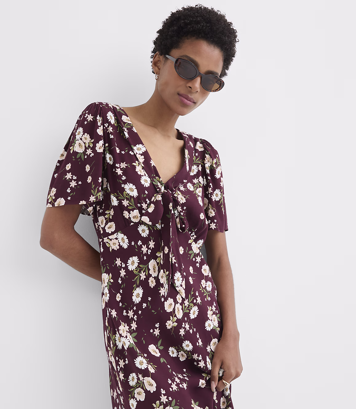 Burgundy Floral Teeyoulove Zelmira Tie Front Cutout Midi Dress side view