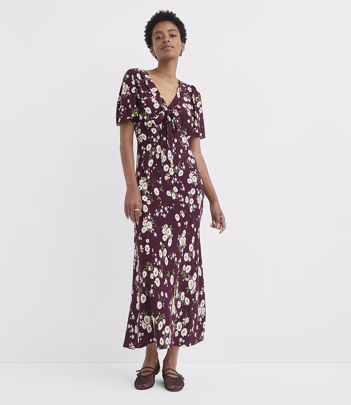 Burgundy Floral Teeyoulove Zelmira Tie Front Cutout Midi Dress front view