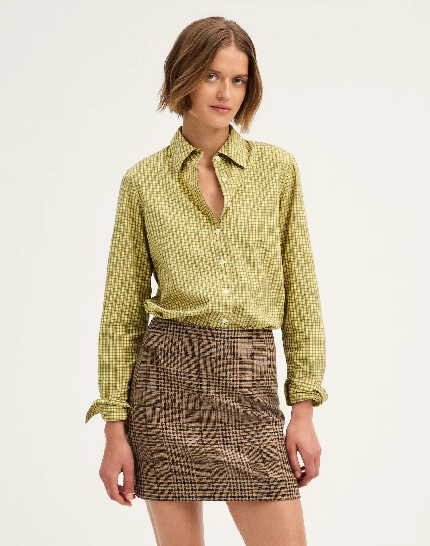 Camel brown plaid mini skirt side view showing high waist
