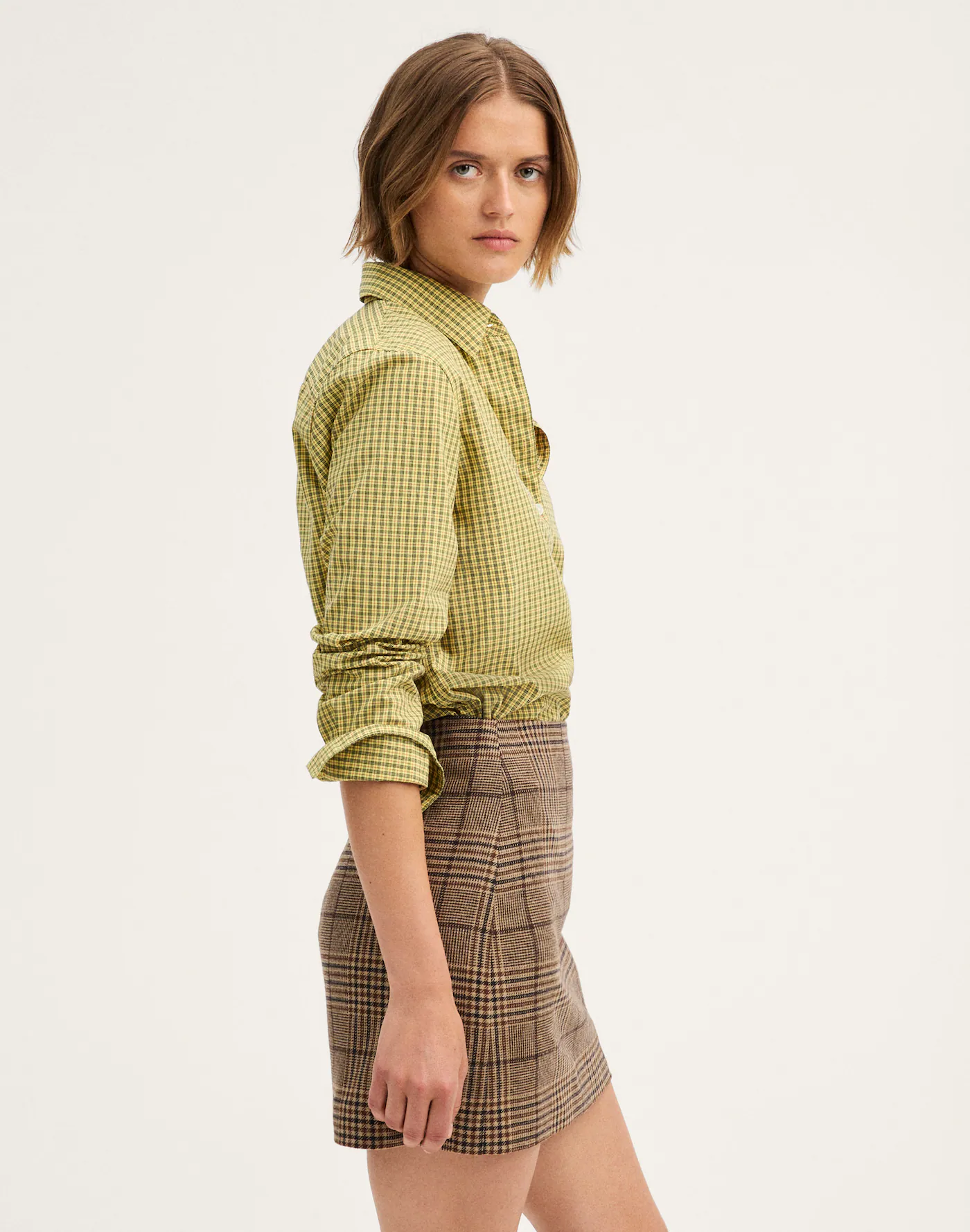 Camel brown plaid tailored mini skirt back view