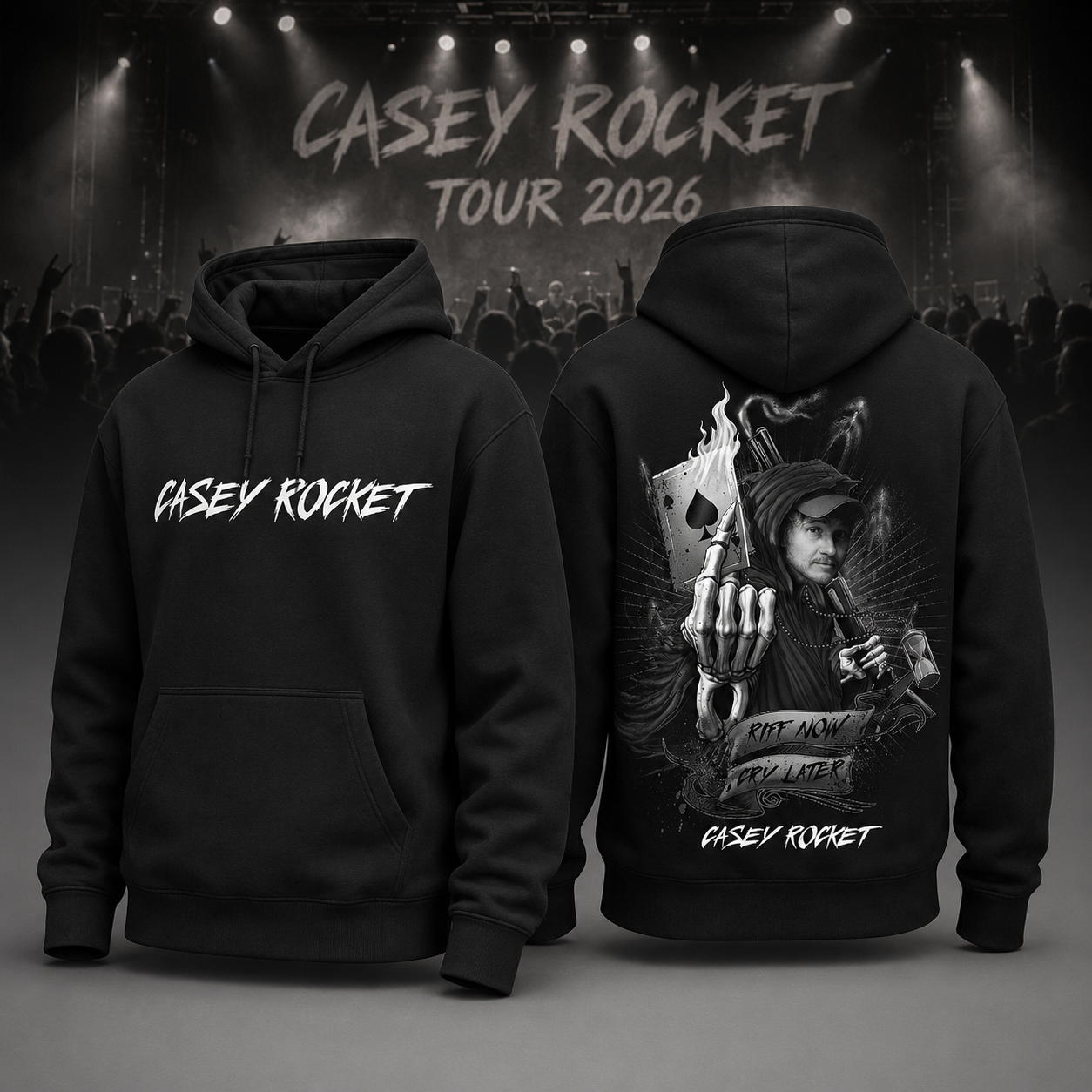 Casey Rocket Tour 2026 Riff Now Cry Later Black Hoodie