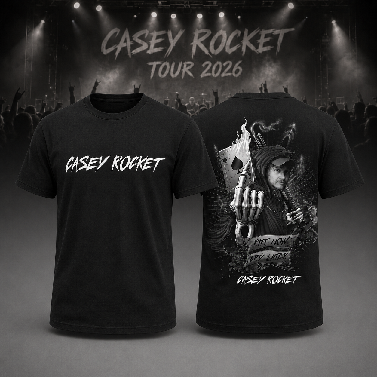 Casey Rocket Tour 2026 Riff Now Cry Later Black Graphic T-Shirt