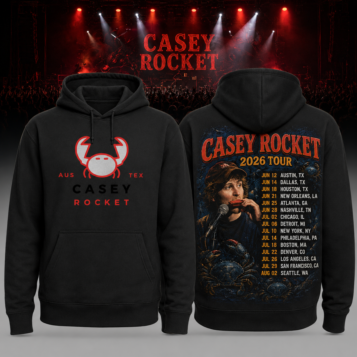 Casey Rocket Tour 2026 The Crab Aus Tex Black Hoodie