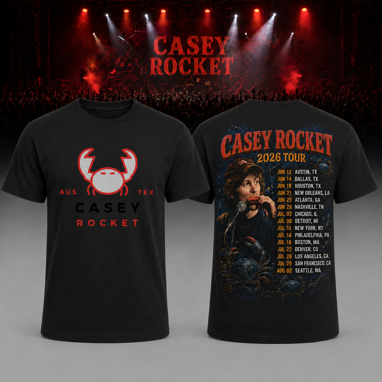 Casey Rocket Tour 2026 The Crab Aus Tex Black T-shirt
