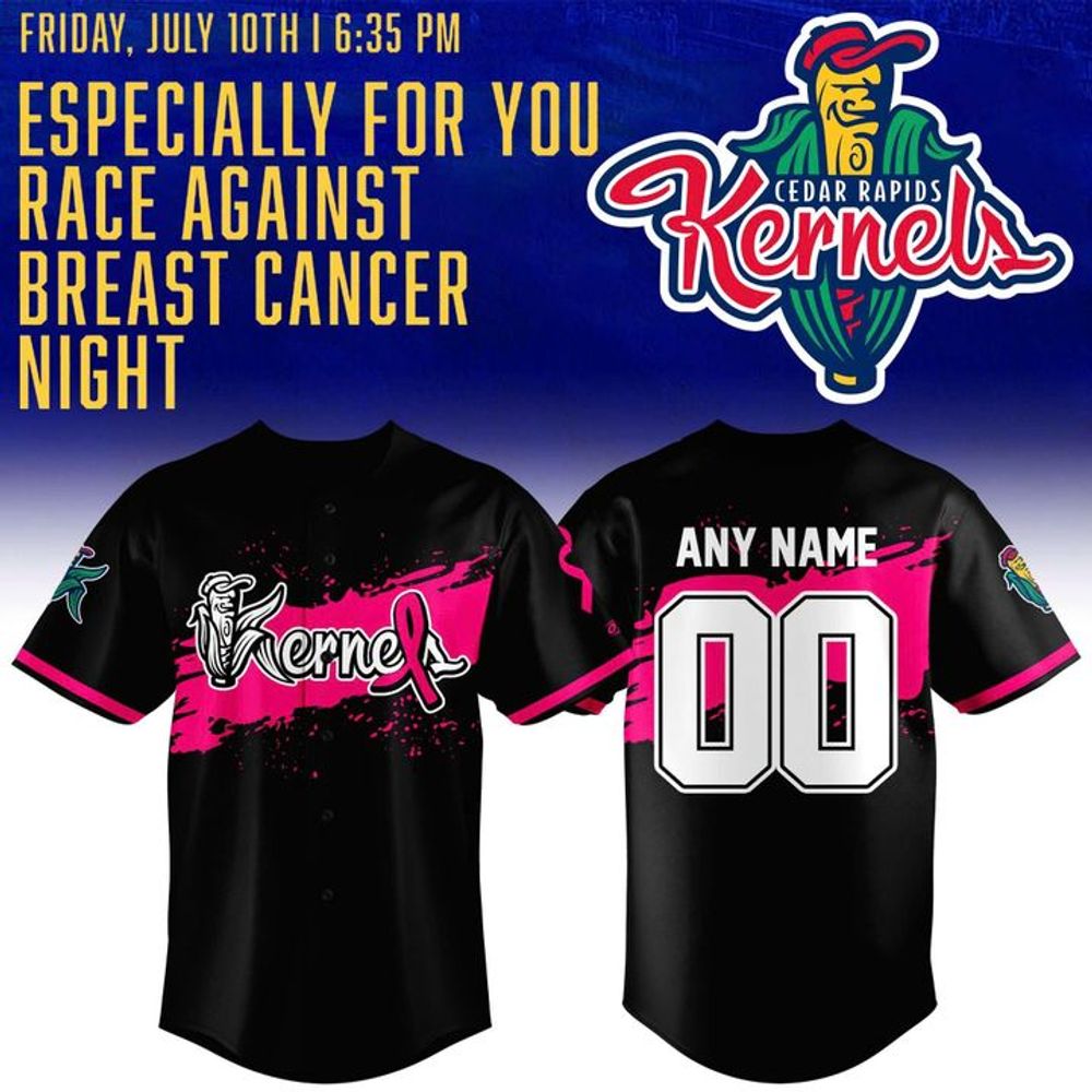Cedar Rapids Kernels Breast Cancer Awareness Pink Ribbon Black 2026 Baseball Jersey