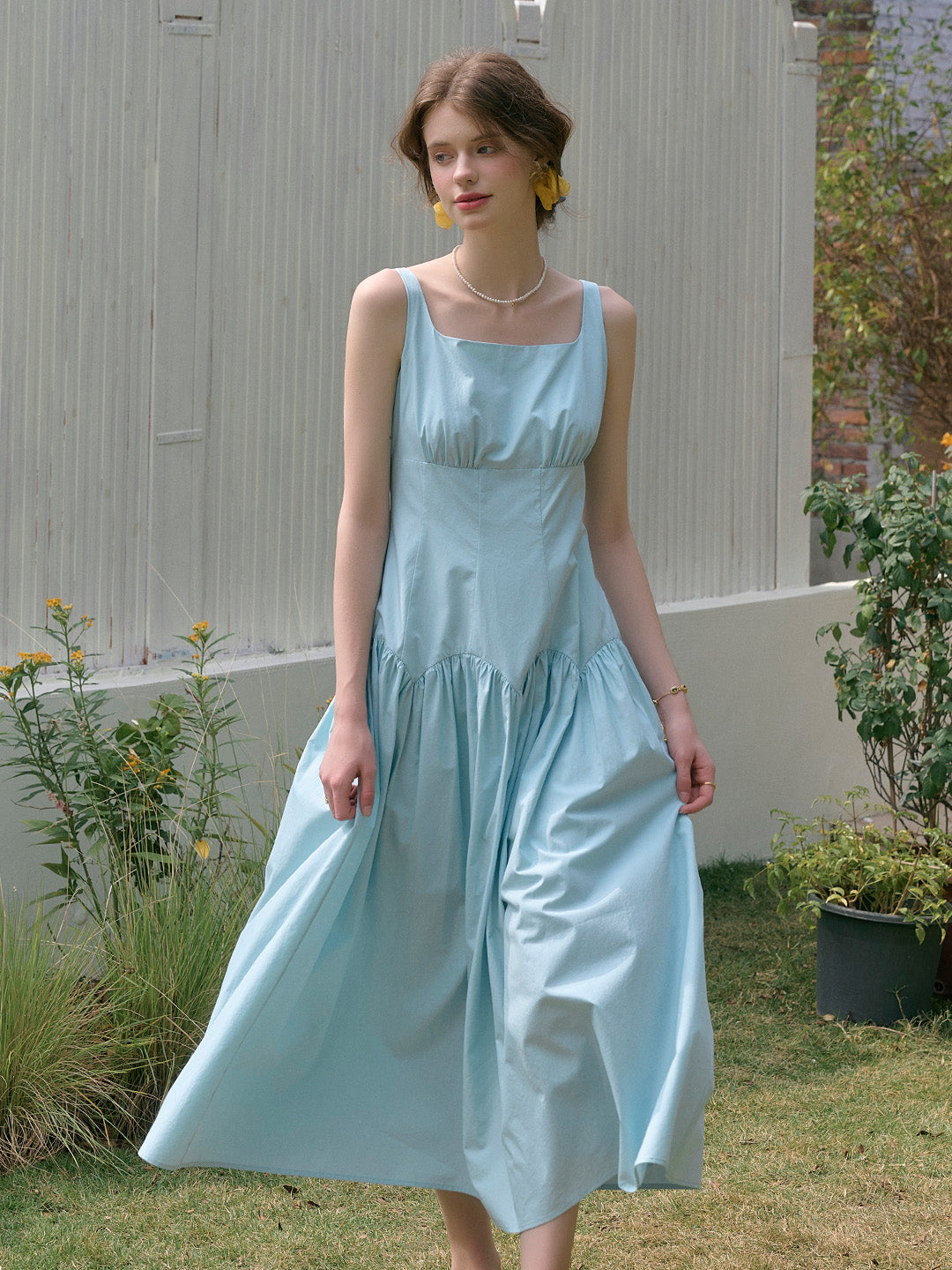 Cerulean Blue Good Stylists Paradox Square Neck Flared Maxi Summer Slip Dress