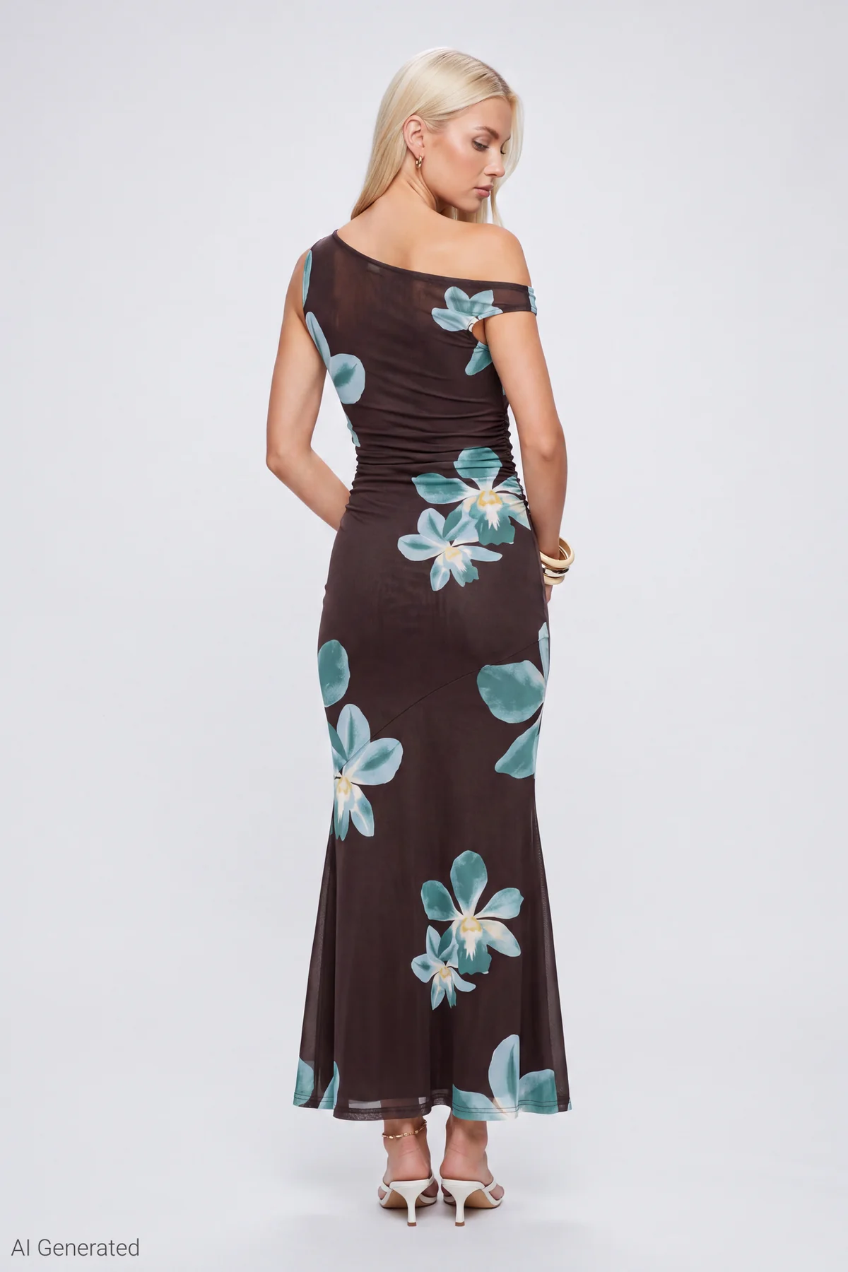 Chocolate Brown Teeyoulove Velmora Aqua Floral One Shoulder Side Slit Maxi Dress - alternate view
