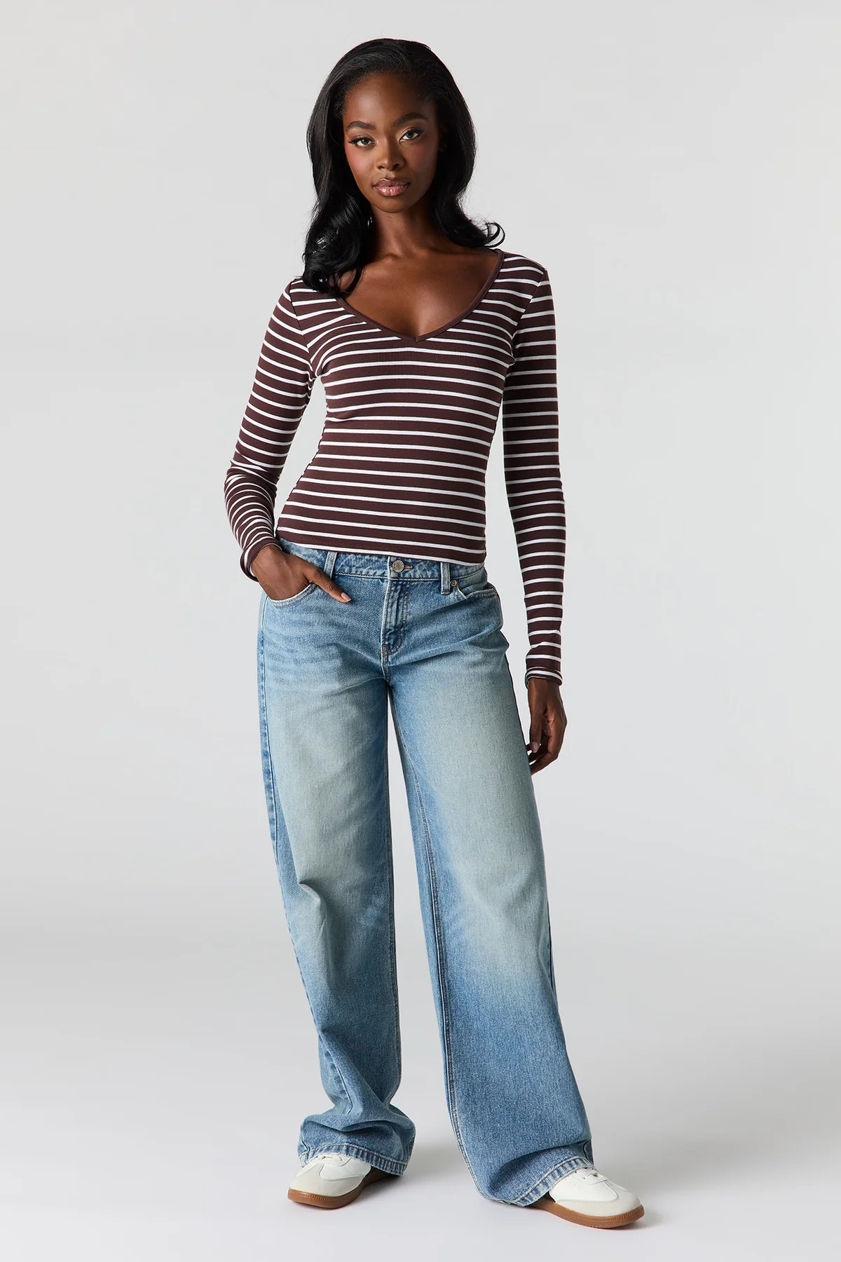 Chocolate brown Teeyoulove Zenvora top with white stripes and V-neck