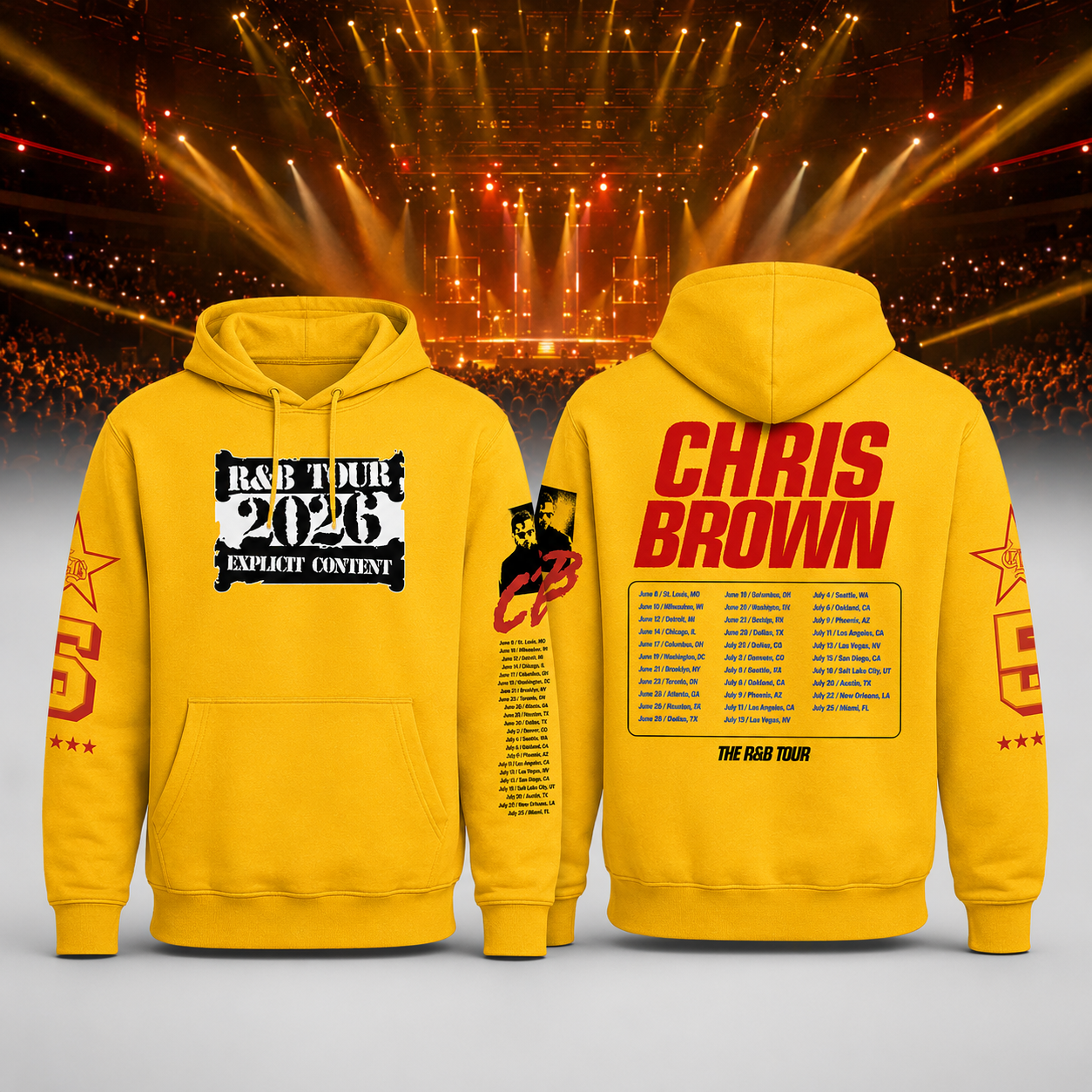 Chris Brown R&B Tour 2026 Golden Yellow Graphic Pullover Hoodie Gift for Music Fans