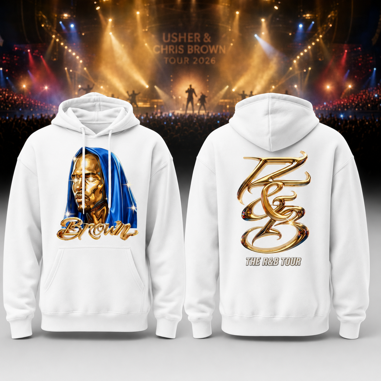Chris Brown R&B Tour White Graphic Hoodie with Gold Portrait Design for Music Fans