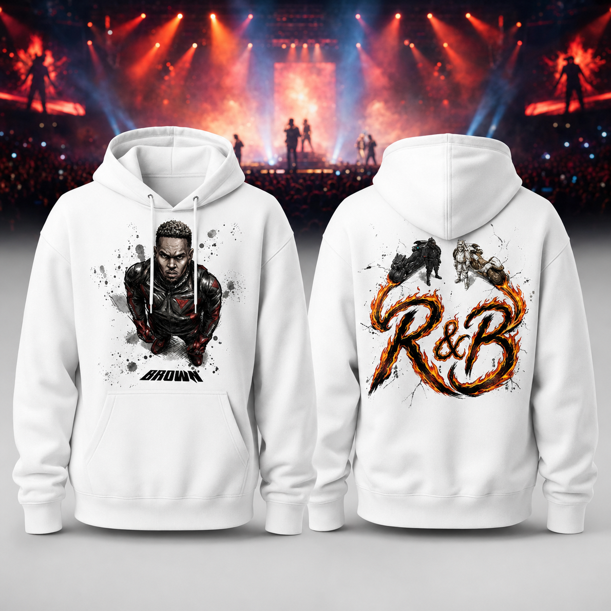 Chris Brown R&B Tour White Graphic Hoodie with Portrait and Flame Design Gift for Music Fans