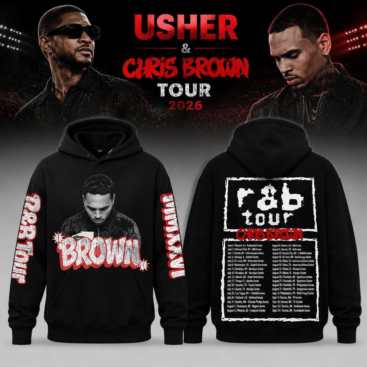 Chris Brown Usher 2026 Tour Black Graphic Hoodie R&B Music Fan Gift