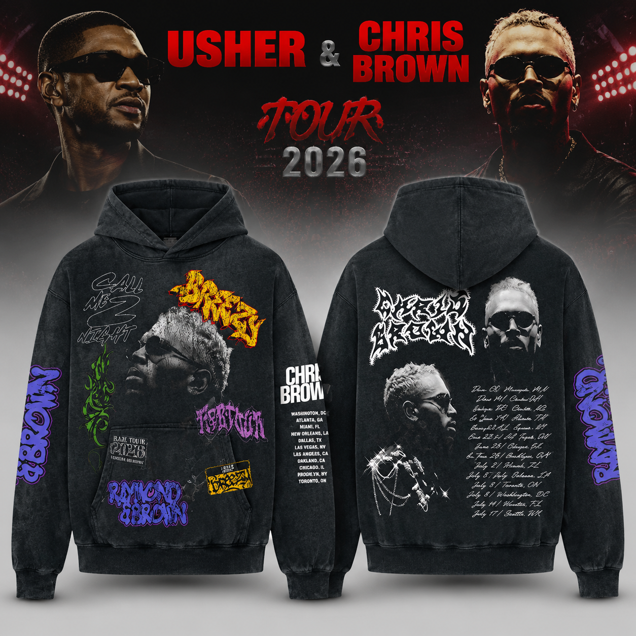 Chris Brown Usher Tour 2026 Vintage Artwork Black Hoodie Concert Fan Gift
