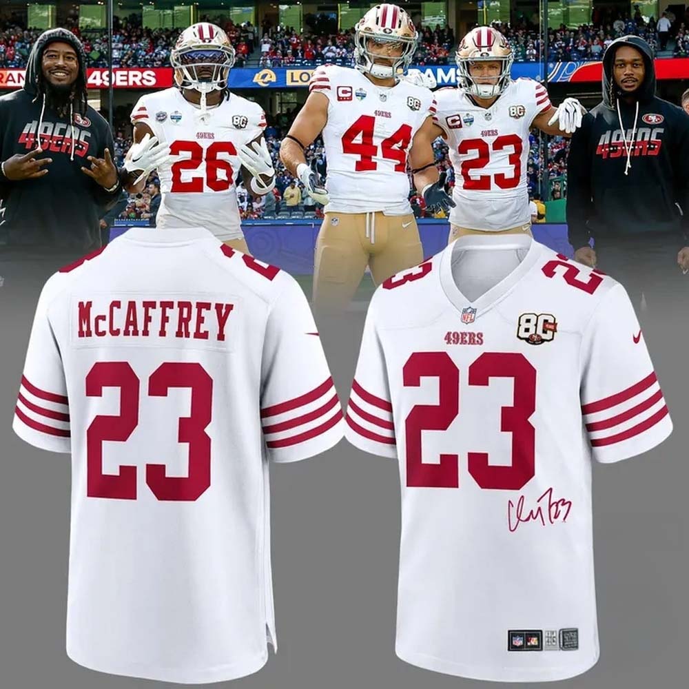 Signatures Print Football Jersey Christian McCaffrey San Francisco 49ers 80th Anniversary Football Fanwear 1 - Unicasport Signatures Print Football Jersey Christian McCaffrey San Francisco 49ers 80th Anniversary Football Fanwear
