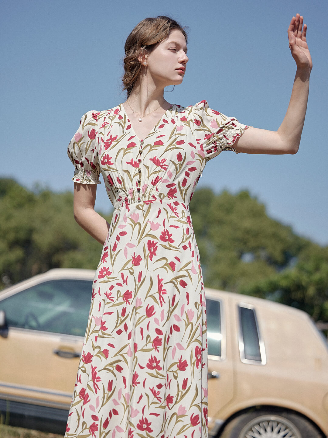 Cream White Floral Tulip Puff Sleeve V Neck Summer Gown Good Stylists Flummox