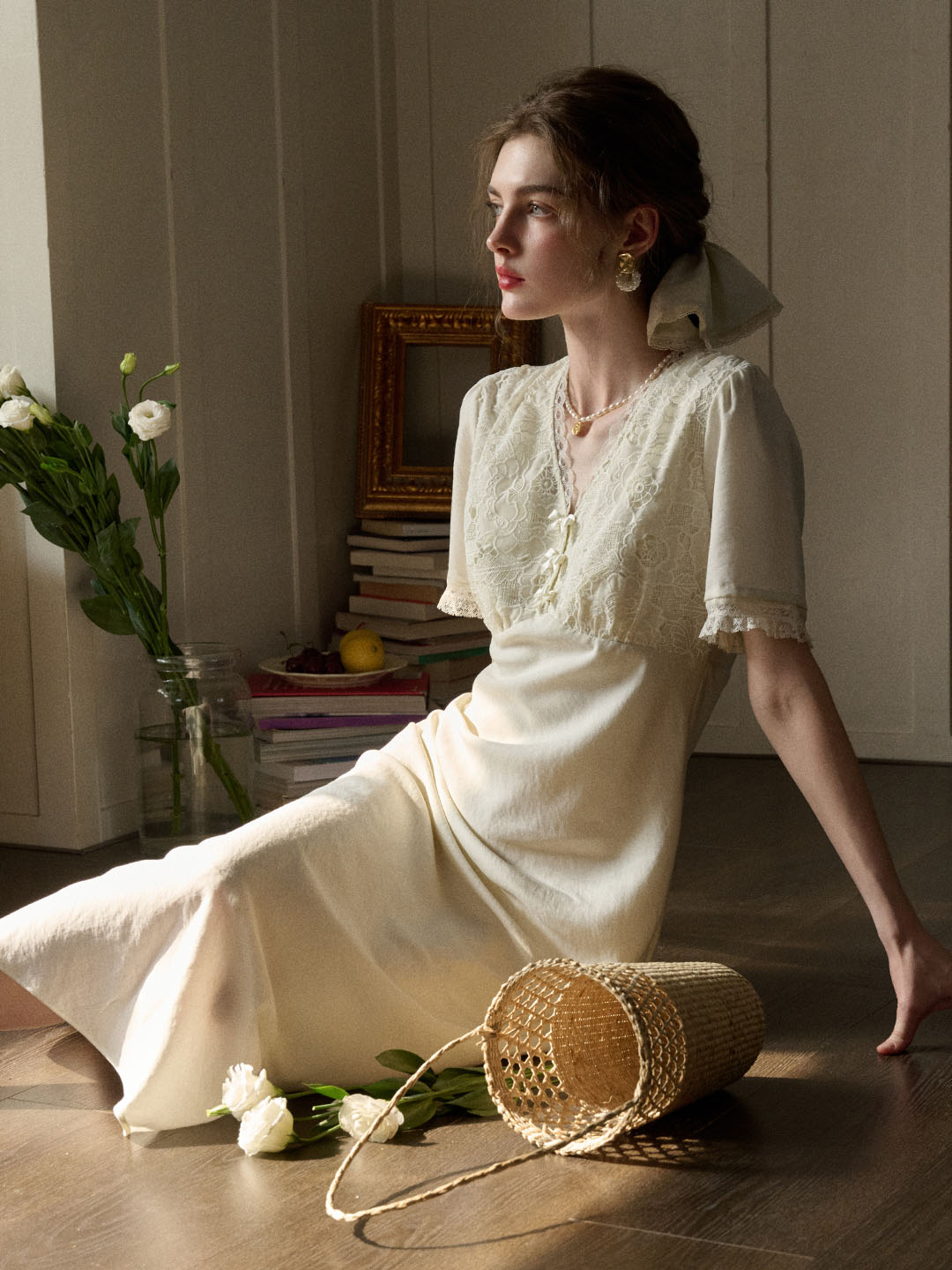 Cream White Puff Sleeve Glim Bow Lace Flowy Cottage Dress by Good Stylists