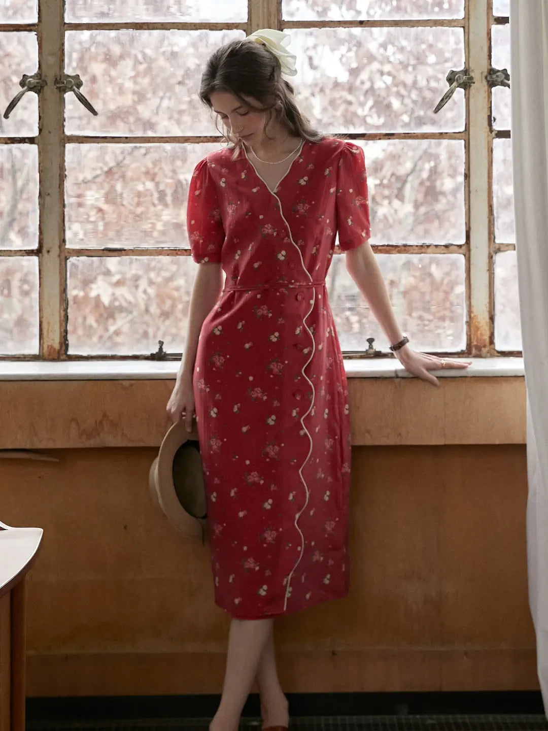 Crimson Red Good Stylists Limerence Floral Wrap V-Neck Puff Sleeve Dress