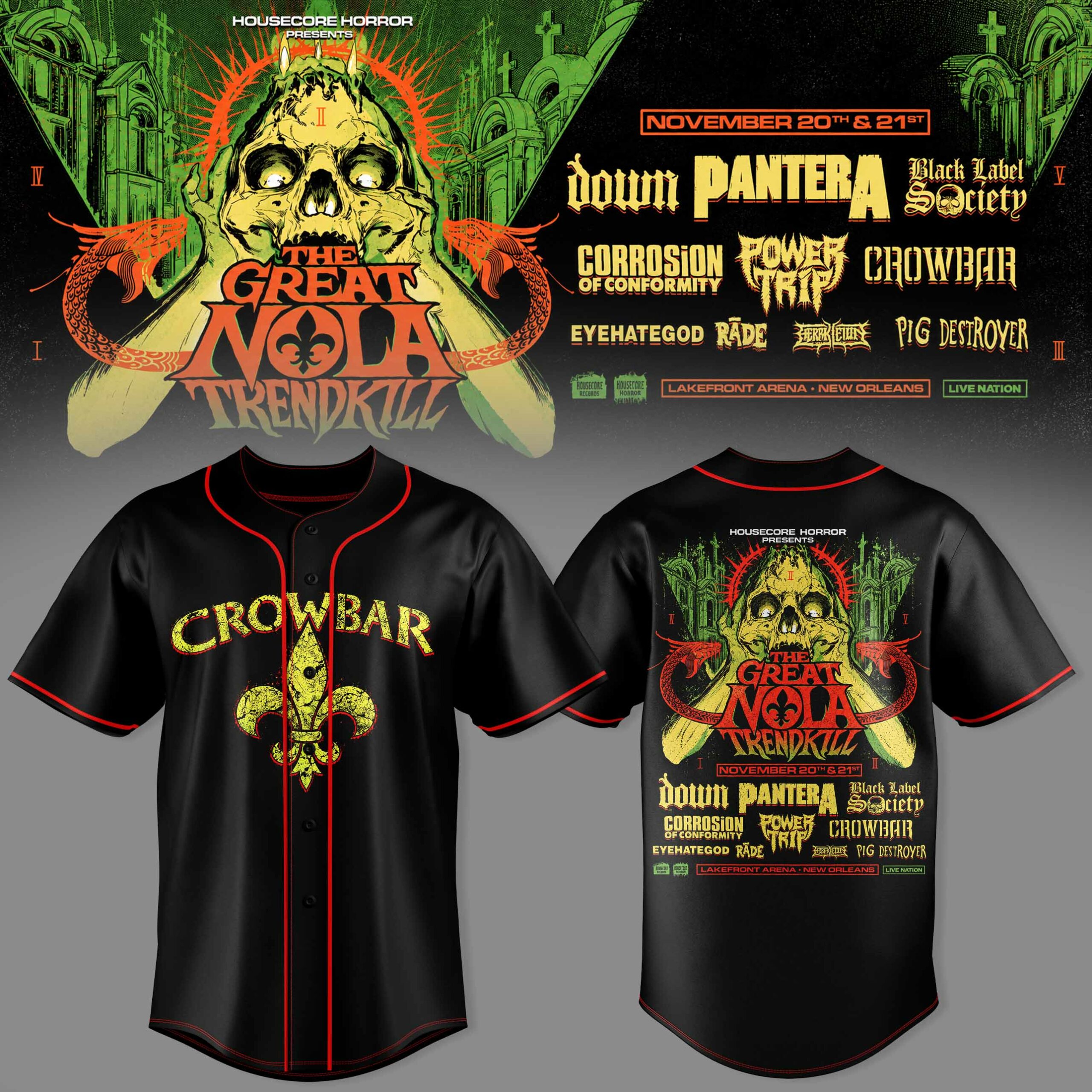 Crowbar The Great NOLA Trendkill Green Skull Poster Black Graphic Baseball Jersey 1 - Unicasport Crowbar The Great NOLA Trendkill Green Skull Poster Black Graphic Baseball Jersey