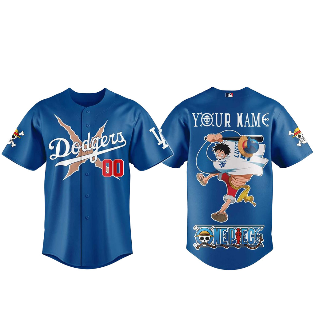 Custom Name & Number Los Angeles Dodgers x One Piece Night 2026 Luffy Scar Blue Baseball Jersey