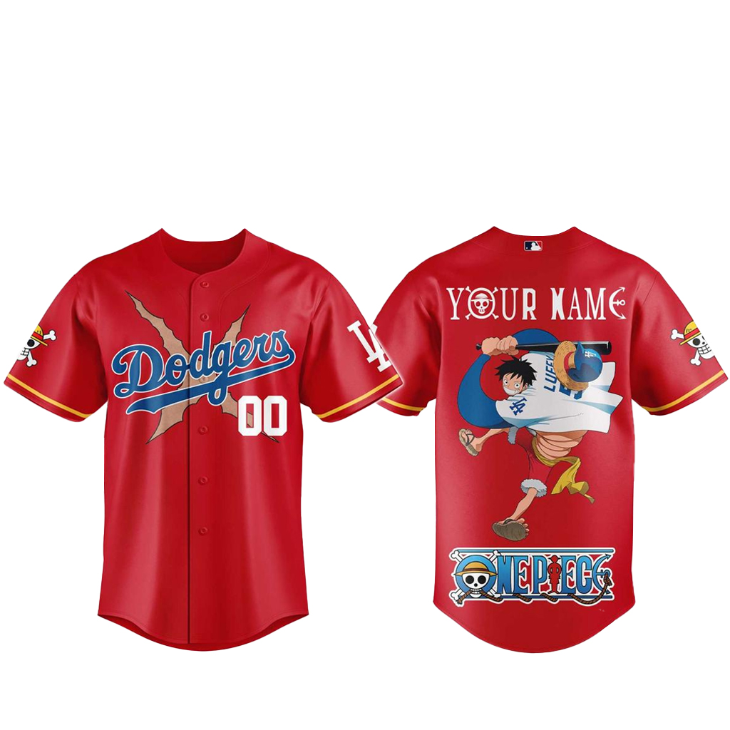 Custom Name & Number Los Angeles Dodgers x One Piece Night 2026 Luffy Scar Red Baseball Jersey