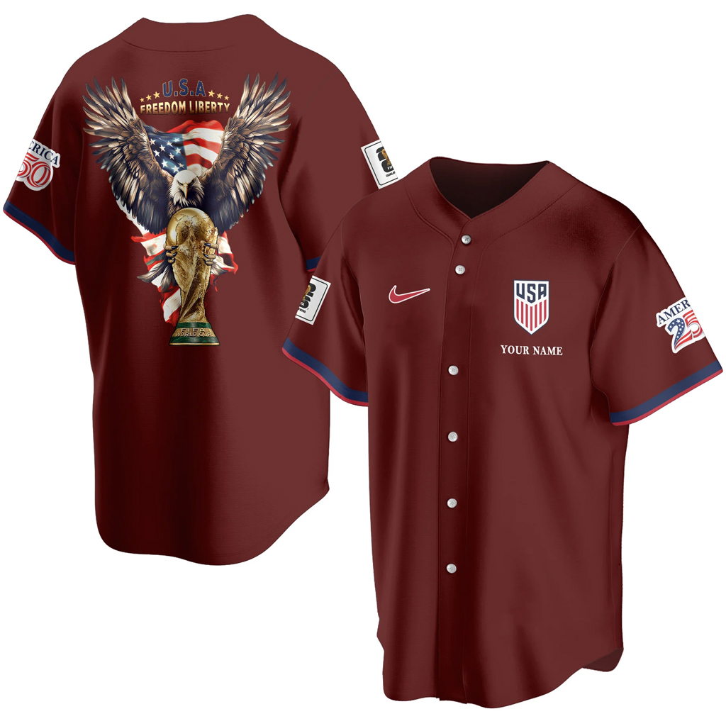 Custom Name USA Global Soccer Event 2026 Patriotic Eagle America 250 Deep Burgundy Baseball Jersey