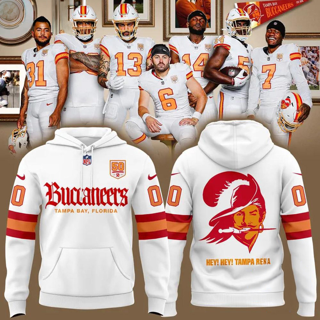 Custom Tampa Bay Buccaneers 50th Season Essential White Hoodie Buccaneers Merch Gifts For Fan