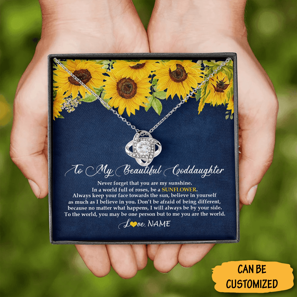Custom To My Beautiful Goddaughter Silver Love Knot Necklace Be A Sunflower My Sunshine Necklace For Goddaughter 1 Custom To My Beautiful Goddaughter Silver Love Knot Necklace Be A Sunflower My Sunshine Necklace For Goddaughter