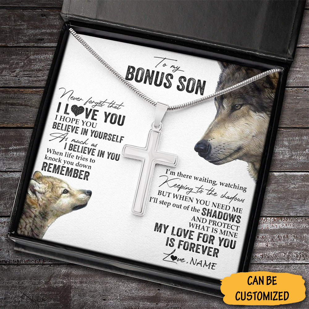 Custom Wolf My Bonus Son Silver Cross Necklace From Stepmom Step Dad Necklace For Bonus Son Best Gift Ideas 1 Custom Wolf My Bonus Son Silver Cross Necklace From Stepmom Step Dad Necklace For Bonus Son Best Gift Ideas