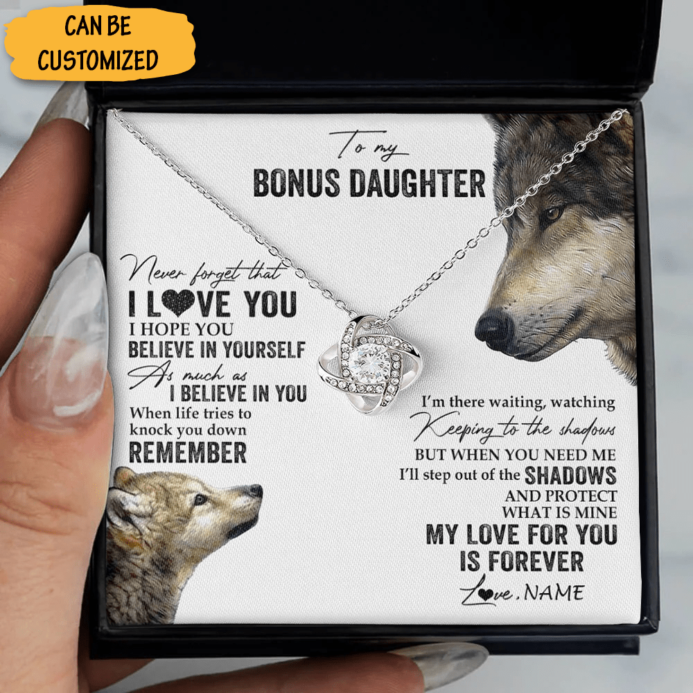 Custom Wolf To My Bonus Daughter Necklace From Dad Love Knot Necklace Jewelry Box Great Gift Ideas 1 1 Custom Wolf To My Bonus Daughter Necklace From Dad Love Knot Necklace Jewelry Box Great Gift Ideas 1