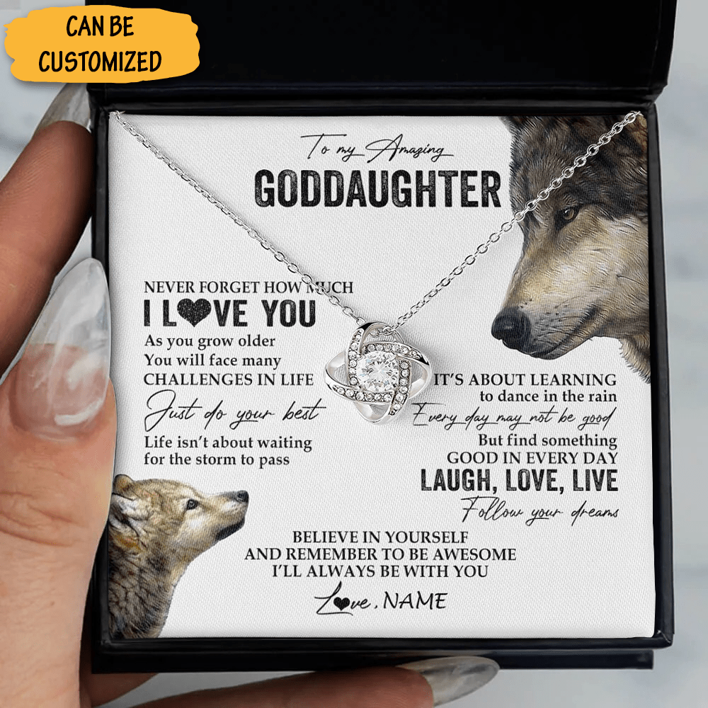 Custom Wolf To My Goddaughter Necklace Silver Love Knot Necklace Keepsake Goddaughter Communion Gifts 1 Custom Wolf To My Goddaughter Necklace Silver Love Knot Necklace Keepsake Goddaughter Communion Gifts