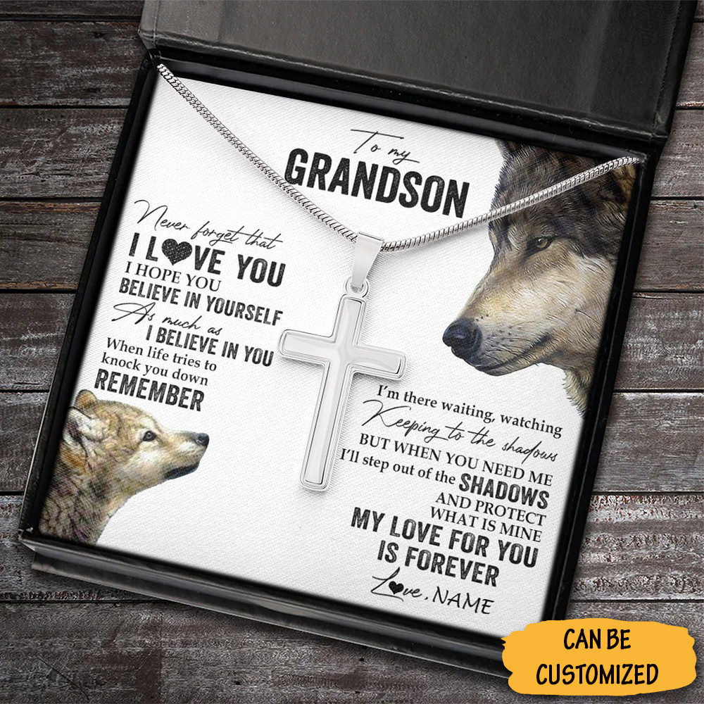 Custom Wolf To My Grandson Cross Necklace Cross Silver Chain Personalized Gifts For Grandson From Grandparents 1 Custom Wolf To My Grandson Cross Necklace Cross Silver Chain Personalized Gifts For Grandson From Grandparents