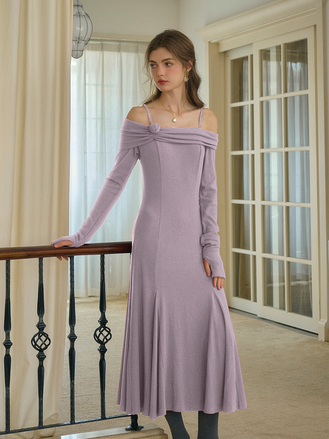 Cynosure Lavender Purple Off-Shoulder Long Sleeve Knit Midi Dress Good Stylists