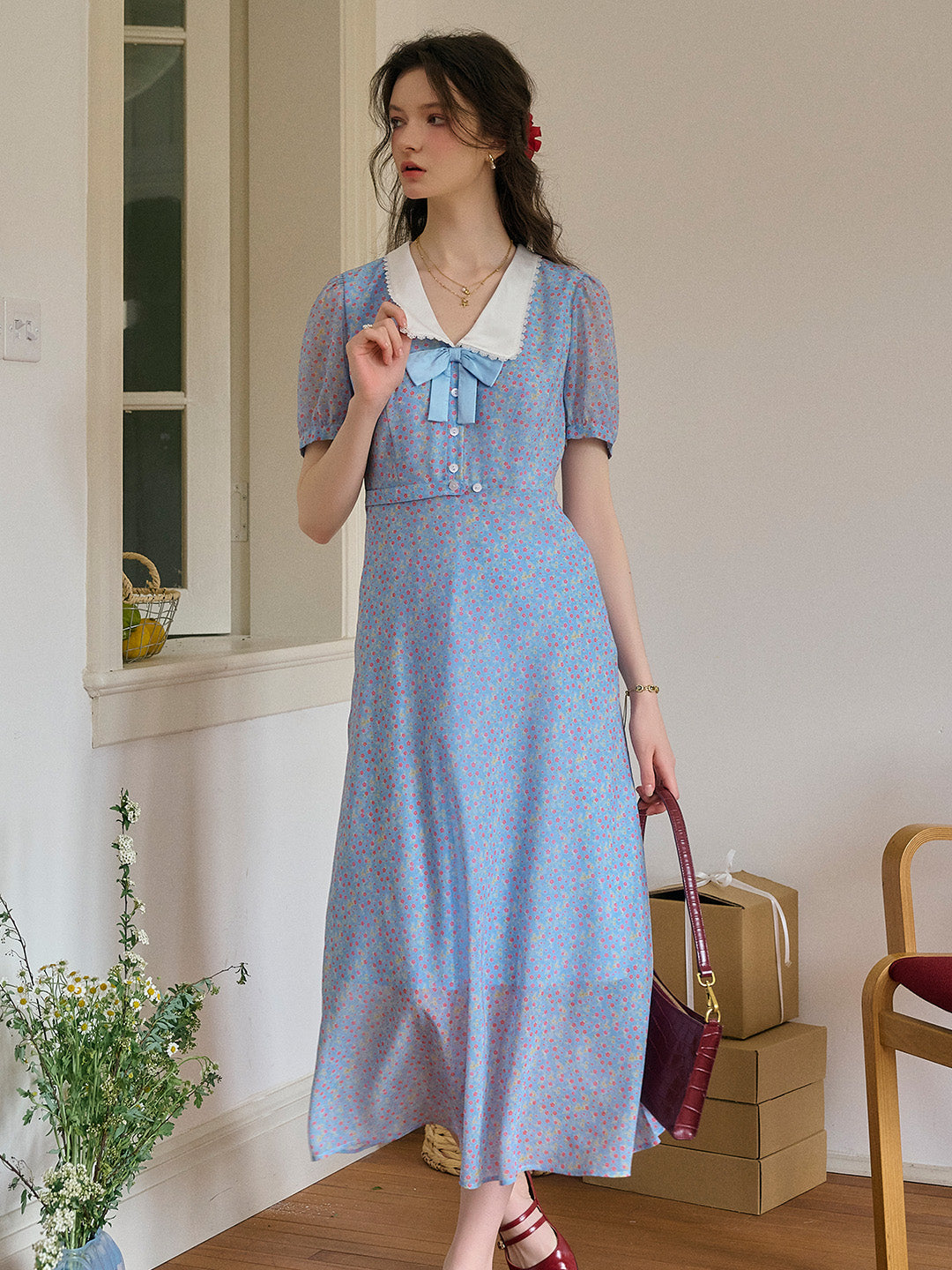 Cynosure Light Blue Dotted Short Sleeve Collar Bow Midi Dress Good Stylists