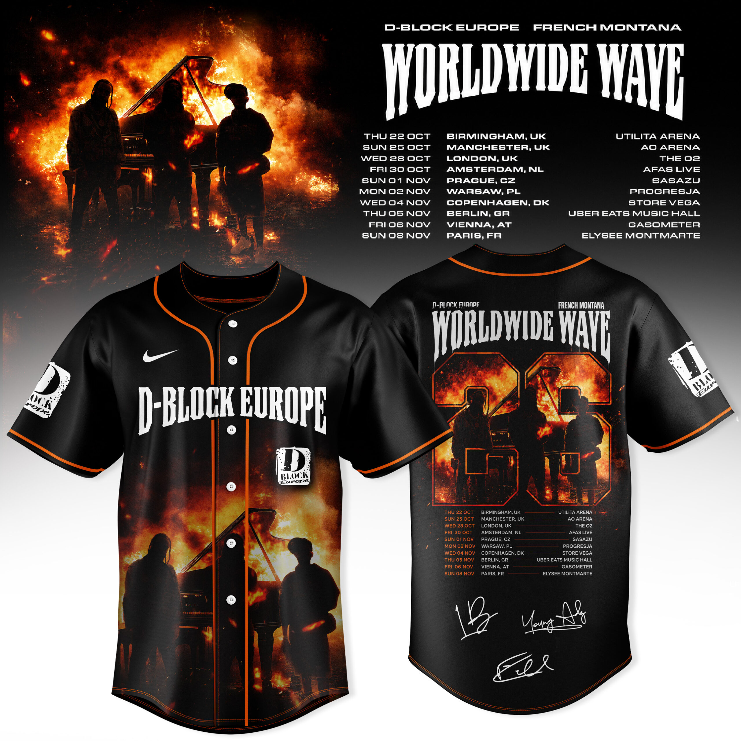 D Block Europe Worldwide Wave Tour 2026 Fire Stage Black Baseball Jersey 1 - Unicasport D Block Europe Worldwide Wave Tour 2026 Fire Stage Black Baseball Jersey