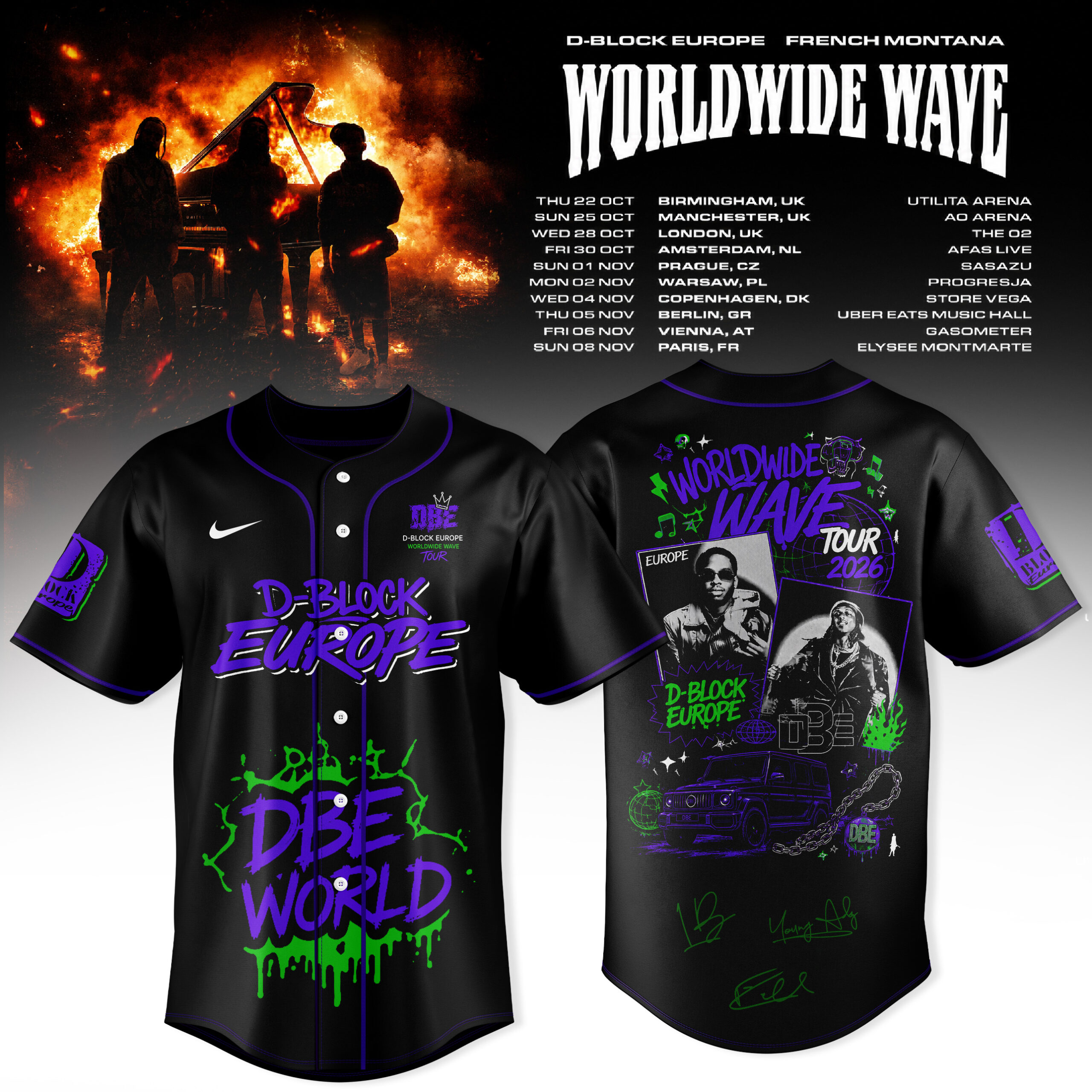 D Block Europe Worldwide Wave Tour 2026 Purple Graffiti Black Baseball Jersey 1 - Unicasport D Block Europe Worldwide Wave Tour 2026 Purple Graffiti Black Baseball Jersey