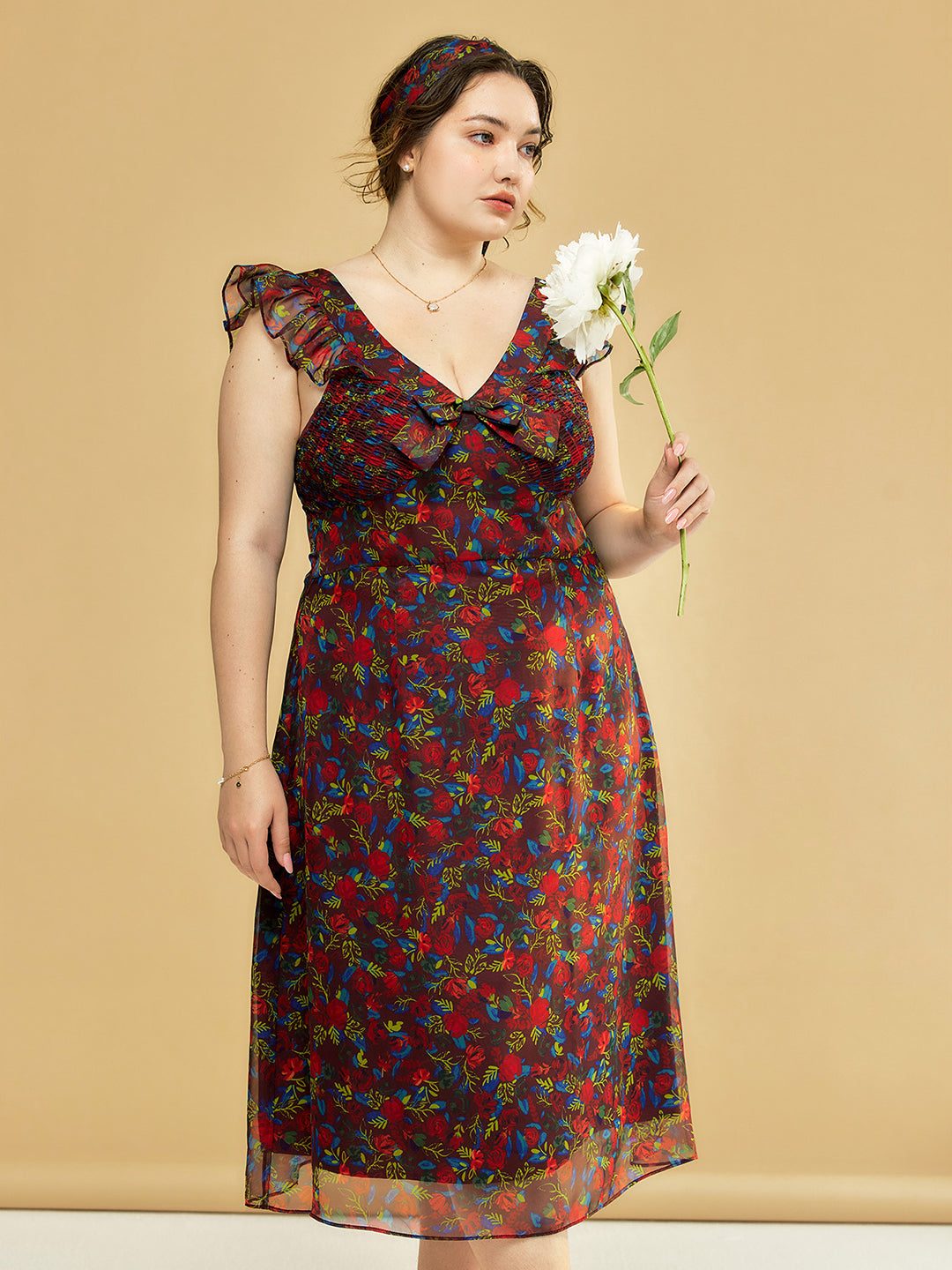 Dark Red Floral Print V-Neck Ruffle Chiffon Midi Dress Good Stylists Oblivion