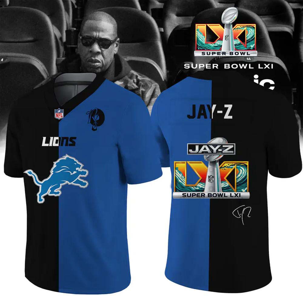 Detroit Lions Jay Z Super Bowl LXI 2027 Black Blue Two Tone Football Jersey