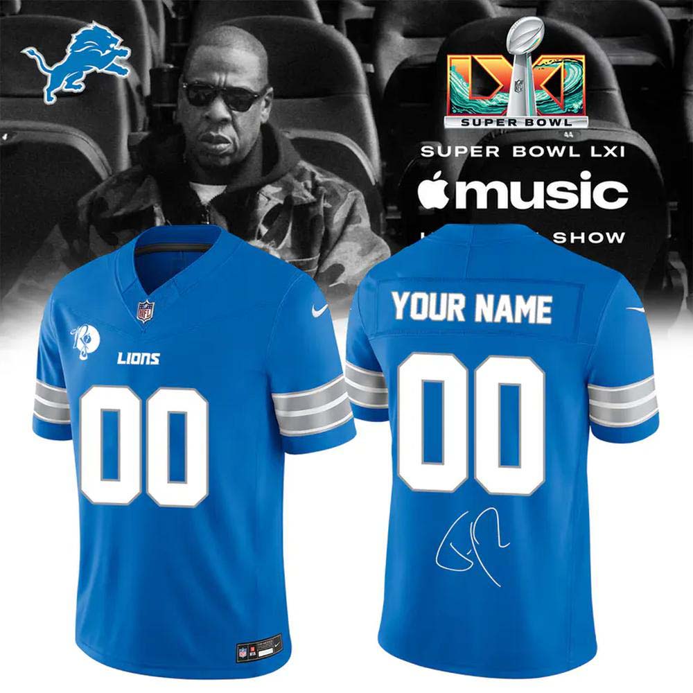 Detroit Lions Jay Z Super Bowl LXI 2027 Blue Custom Number 00 Football Jersey