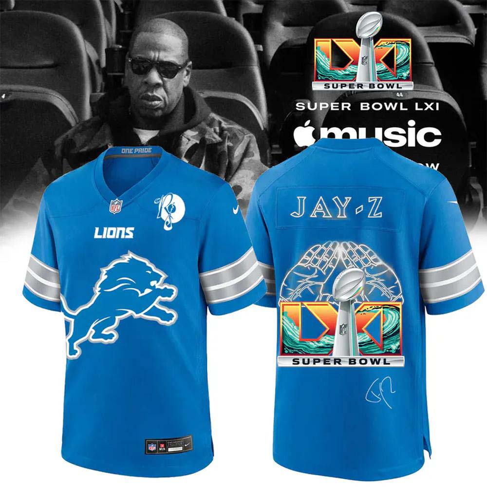 Detroit Lions Jay Z Super Bowl LXI 2027 Blue Diamond Hands Graphic Football Jersey