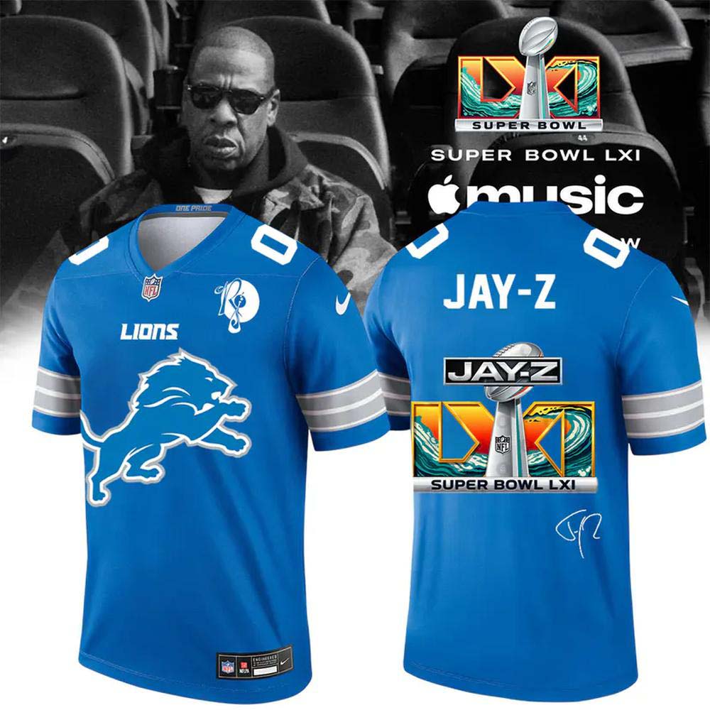 Detroit Lions Jay Z Super Bowl LXI 2027 Blue Halftime Show Graphic Football Jersey