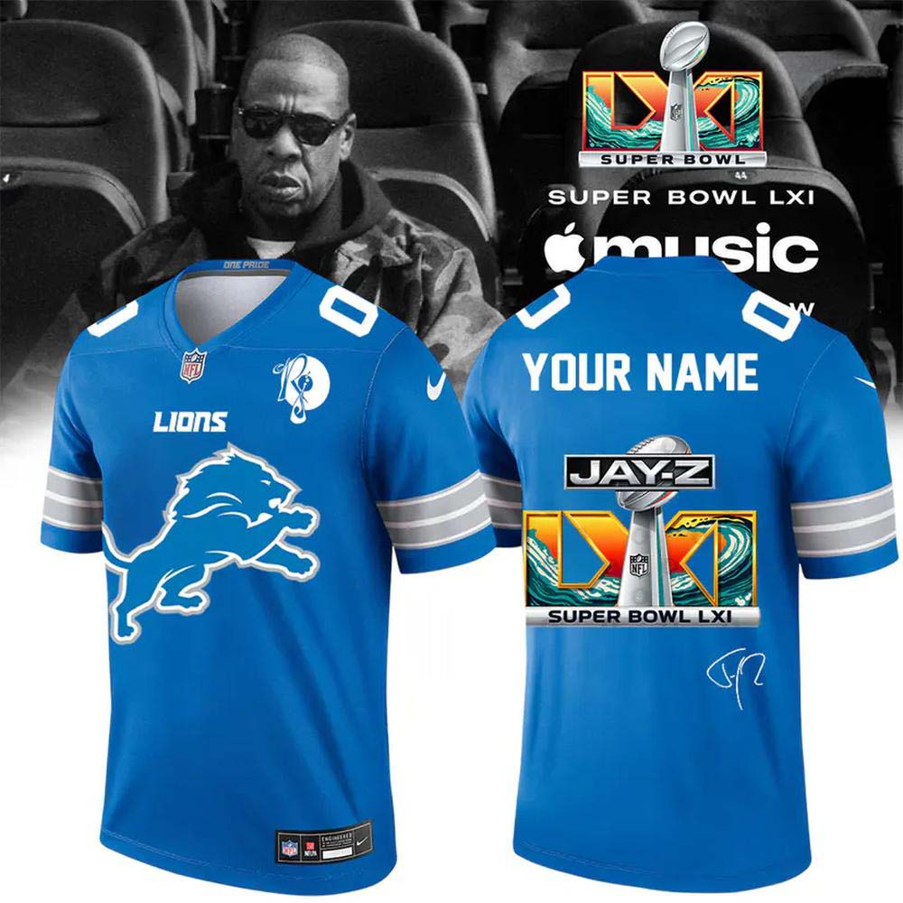 Detroit Lions Jay Z Super Bowl LXI 2027 Honolulu Blue Custom Name Football Jersey