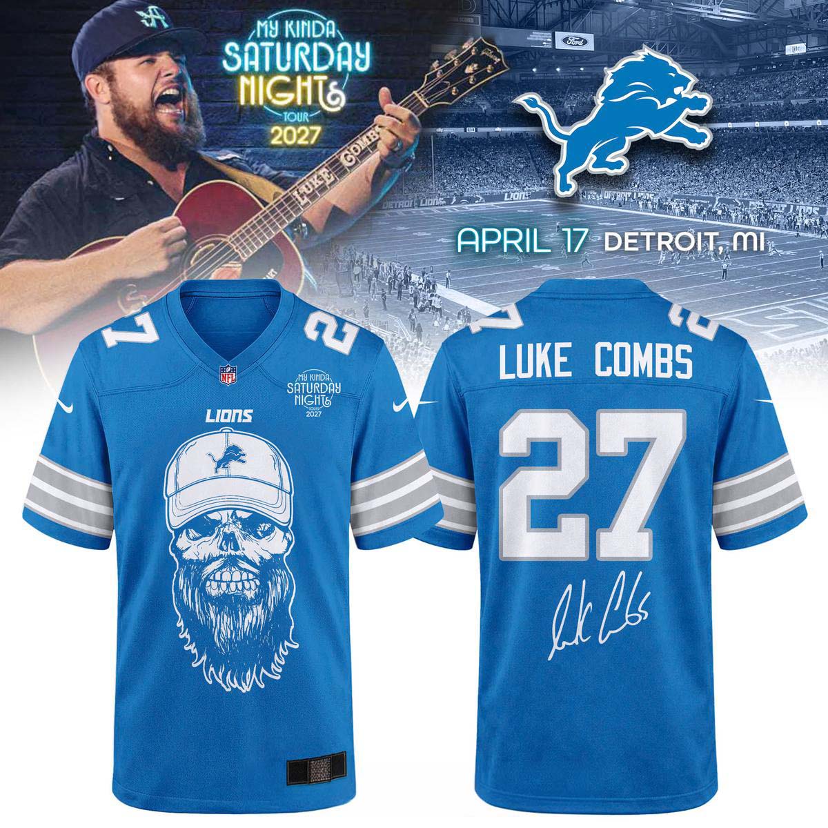 Detroit Lions Luke Combs 2027 Saturday Night Football Jersey Fan Collection 1 - Unicasport Detroit Lions Luke Combs 2027 Saturday Night Football Jersey Fan Collection