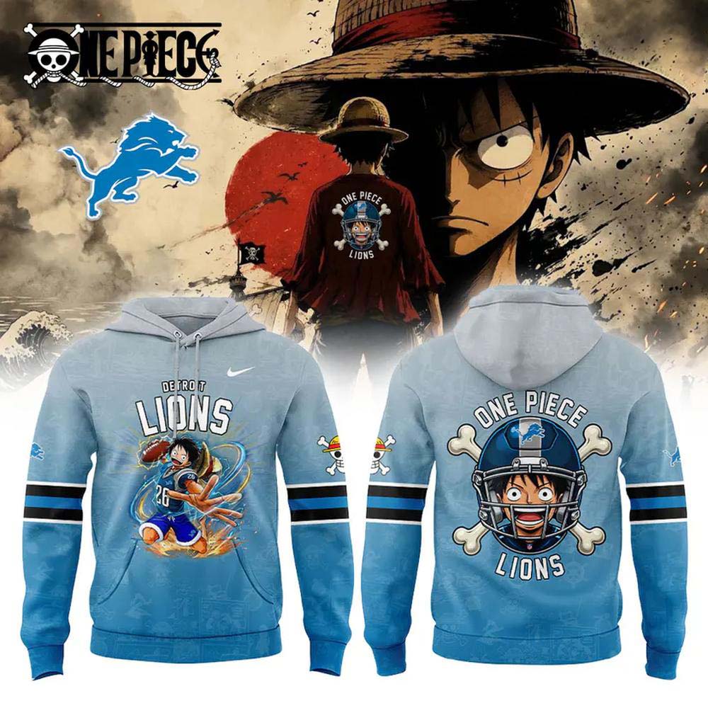 Detroit Lions x One Piece 2026 Light Blue Luffy Helmet Graphic Pullover Hoodie