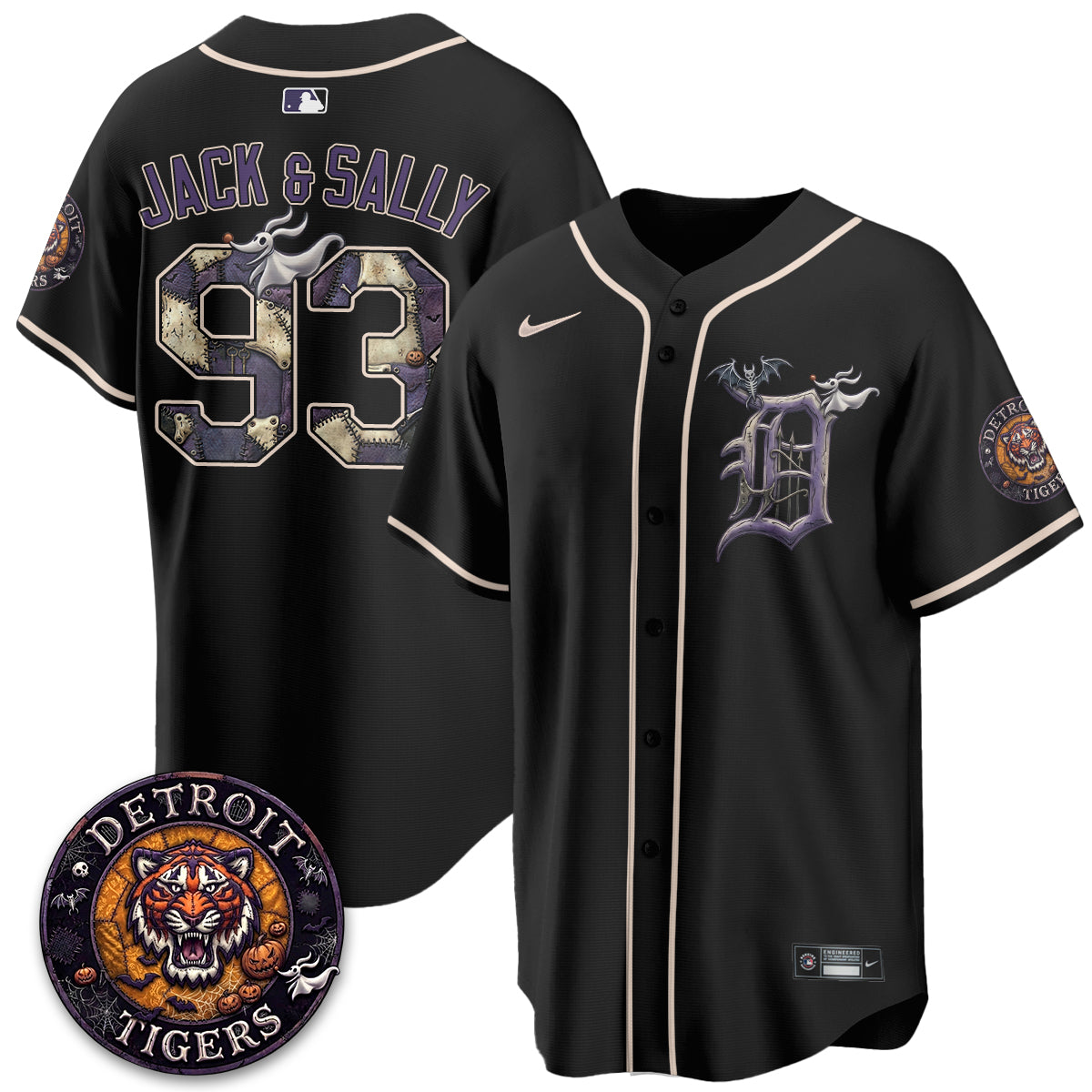 Detroit Tigers Jack and Sally 93 Halloween Black Baseball Jersey Baseball Fan Collection 2 - Unicasport Detroit Tigers Jack and Sally 93 Halloween Black Baseball Jersey Baseball Fan Collection