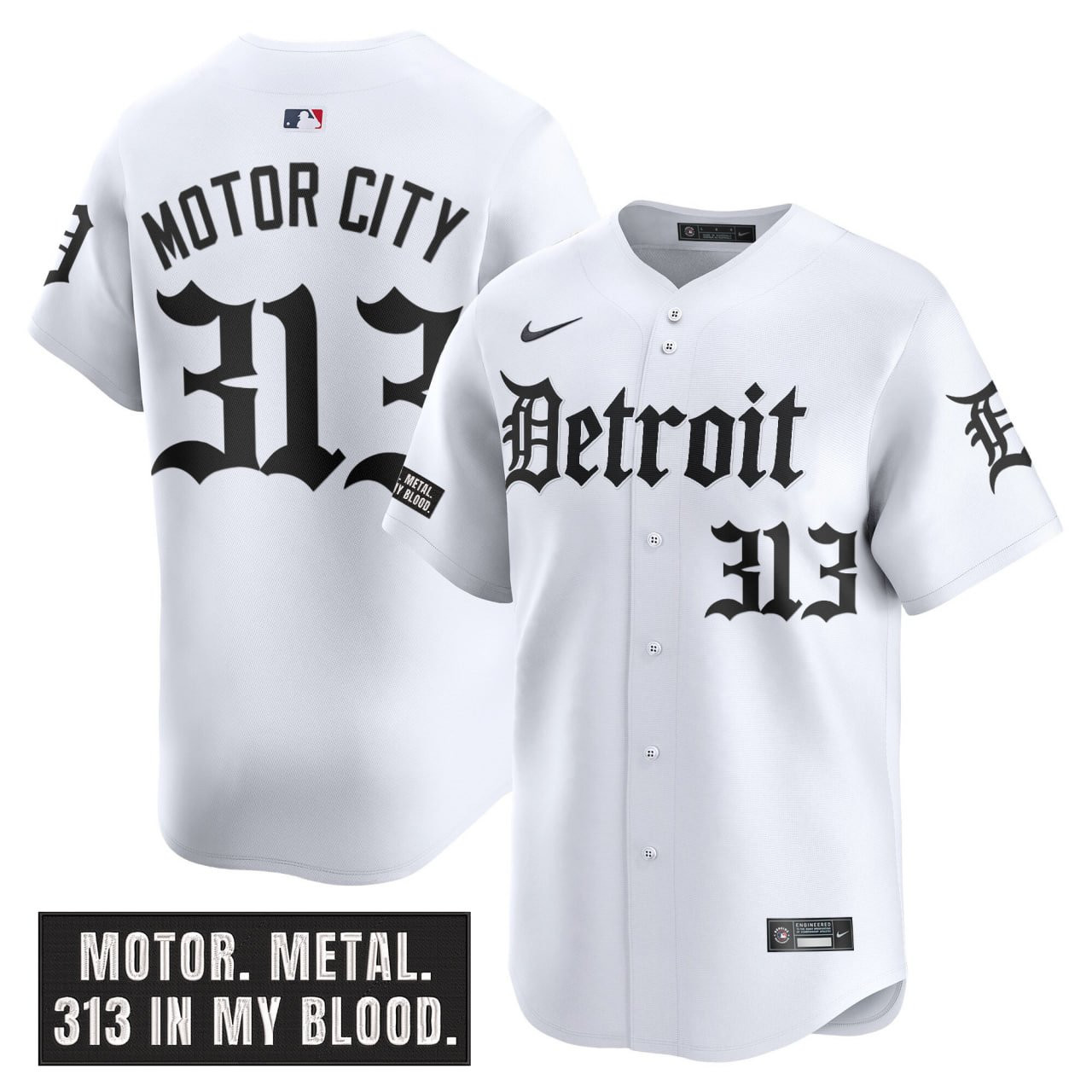 Detroit Tigers Motor City 313 Gothic White Baseball Jersey Baseball Fan Collection 1 - Unicasport Detroit Tigers Motor City 313 Gothic White Baseball Jersey Baseball Fan Collection