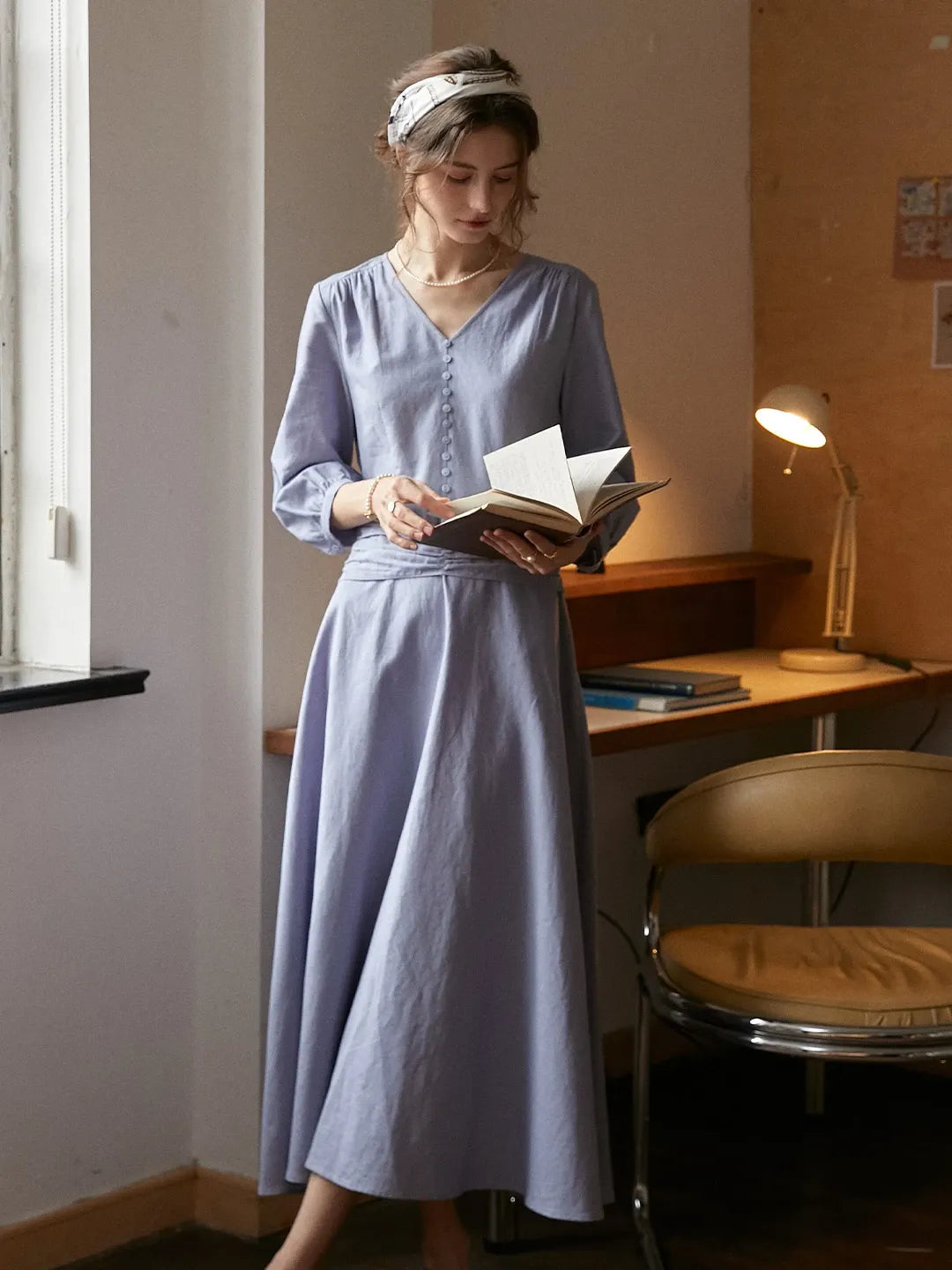 Dusty Blue Good Stylists V-Neck Three Quarter Sleeve Linen Dress Ephemeral