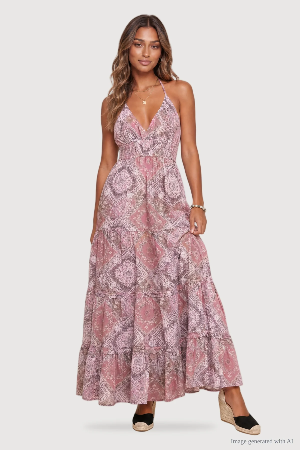 Dusty Rose Teeyoulove Zelmira Paisley Halter V Neck Tiered Flowy Maxi Dress