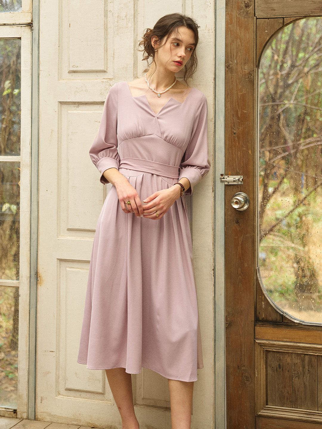 Dusty Rose V-Neck Three Quarter Sleeve A-Line Midi Dress Good Stylists Ephemeral