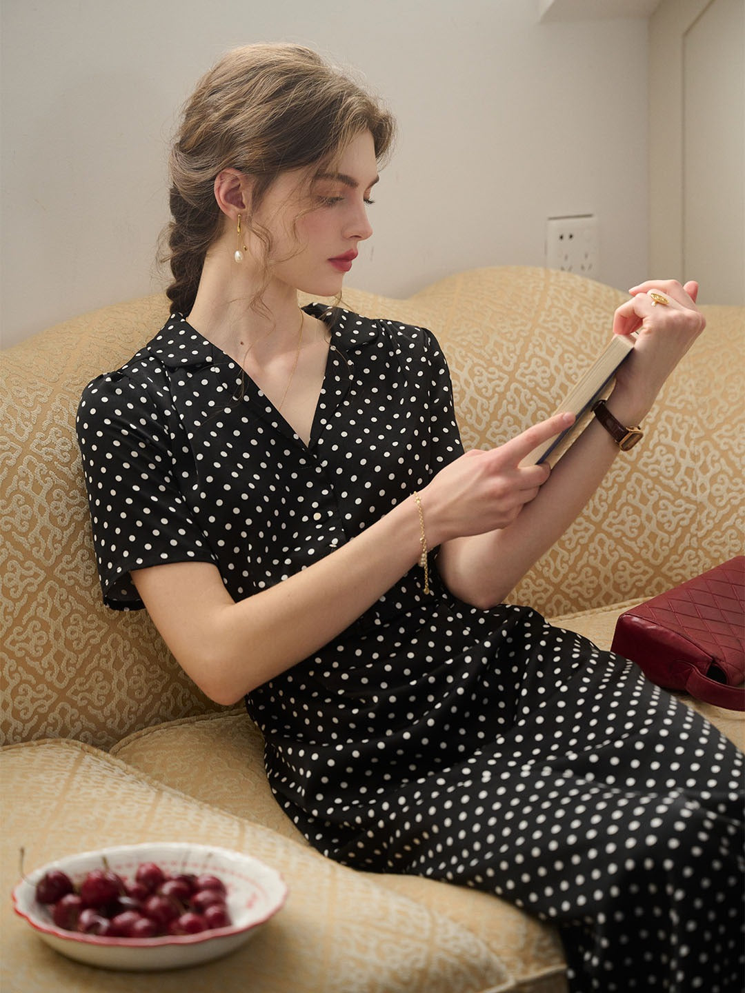 Ephemeral Good Stylists Black Polka Dot Puff Sleeve V-Neck Dress with Buttons